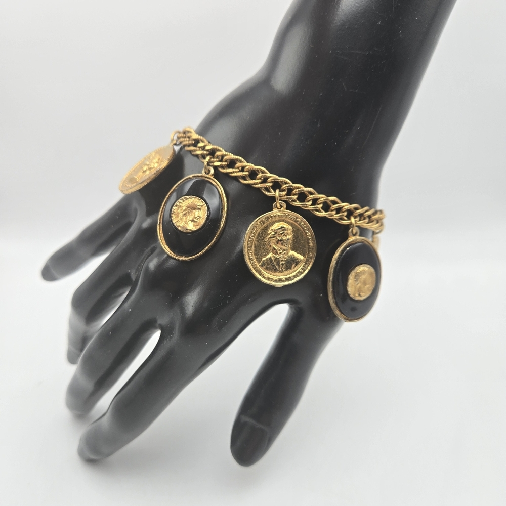 Coro Coin Charm Bracelet MCM Mid Century Modern Roman Queen Victoria Vintage